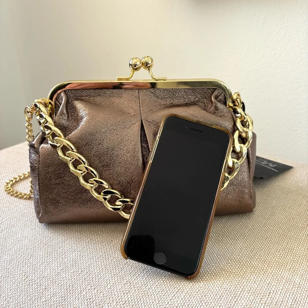 Massimo Castelli Metallic Bronze Clutch NWT Frame Closure Kisslock Chunky Chain